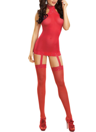 Bodystocking rouge effet guêpière avec dentelle - DG0035RED